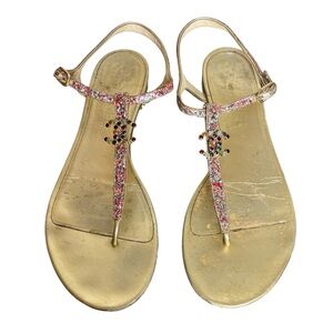 CHANEL Glitter Metallic Leather CC Logo T-Strap Flat Sandals \\ 41C 41